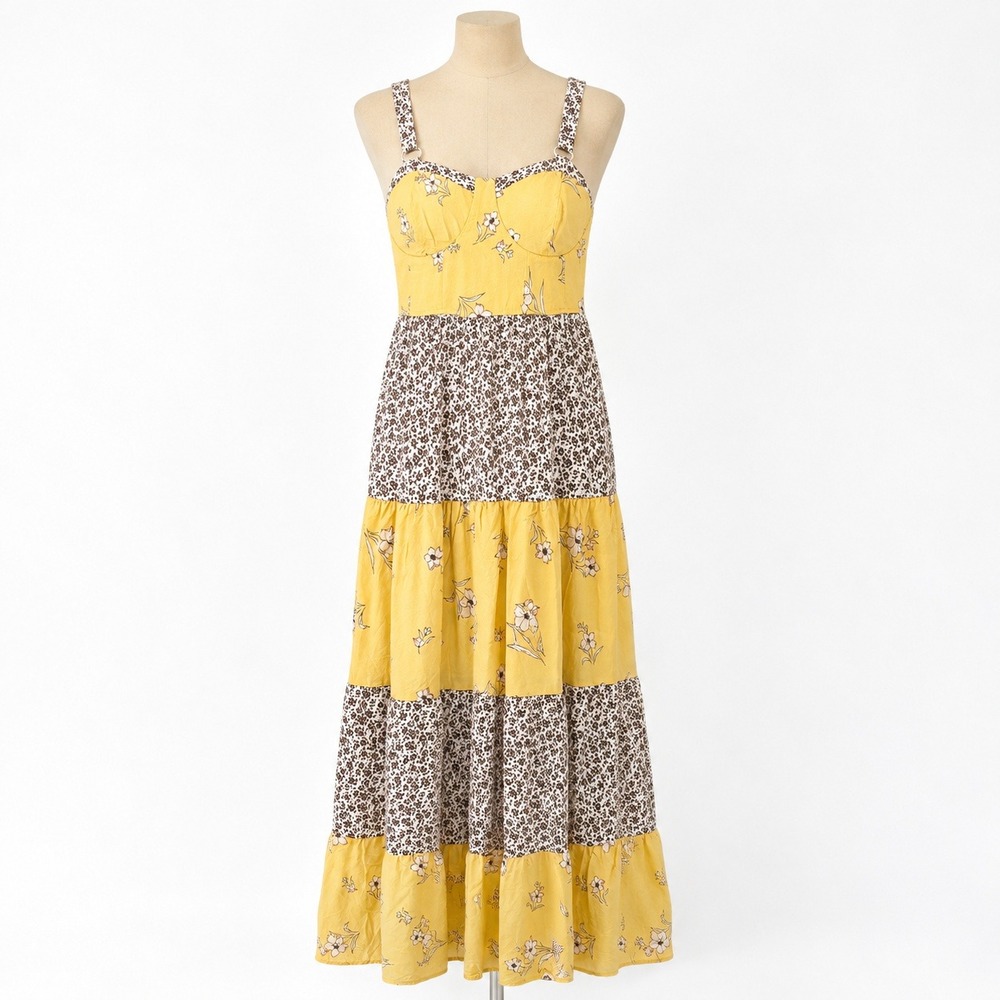 Floral Tiered Maxi Babydoll Dress Size M Yellow Cottagecore Garden Mixed Print